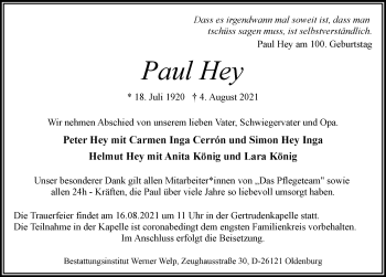 Traueranzeige von Paul Hey von Nordwest-Zeitung