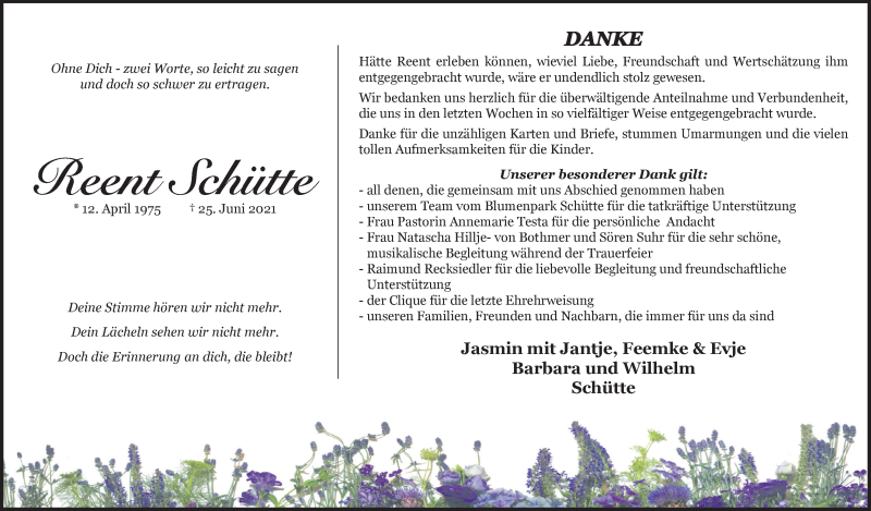  Traueranzeige für Reent Schütte vom 21.08.2021 aus Nordwest-Zeitung
