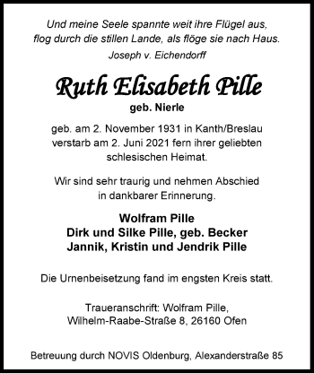 Traueranzeige von Ruth Elisabeth Pille von Nordwest-Zeitung
