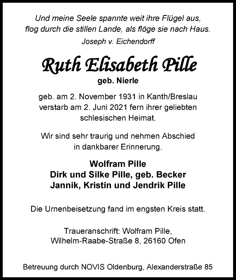  Traueranzeige für Ruth Elisabeth Pille vom 07.08.2021 aus Nordwest-Zeitung