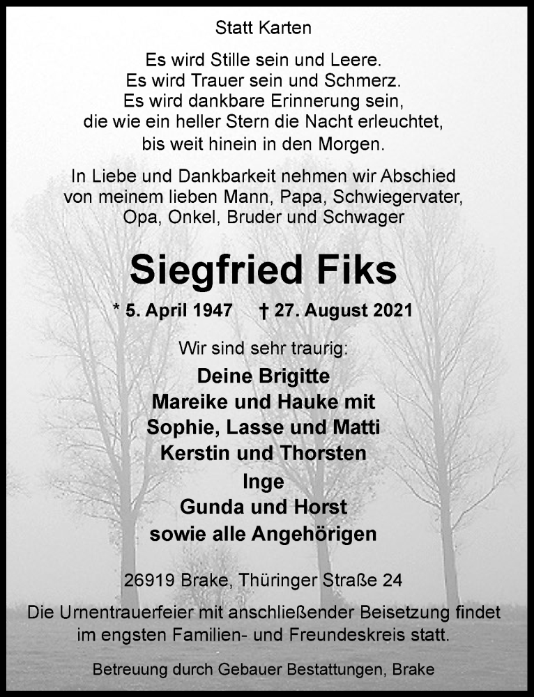  Traueranzeige für Siegfried Fiks vom 01.09.2021 aus Nordwest-Zeitung