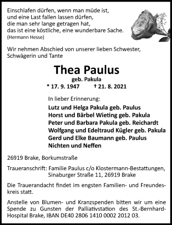 Traueranzeige von Thea Paulus von Nordwest-Zeitung