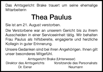 Traueranzeige von Thea Paulus von Nordwest-Zeitung