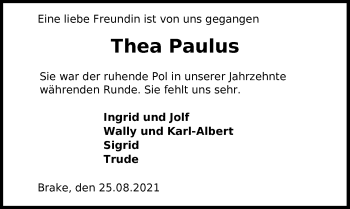 Traueranzeige von Thea Paulus von Nordwest-Zeitung