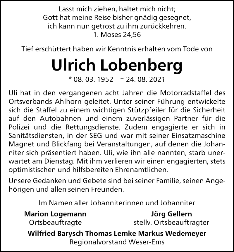  Traueranzeige für Ulrich Lobenberg vom 27.08.2021 aus Nordwest-Zeitung