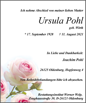 Traueranzeige von Ursula Pohl von Nordwest-Zeitung