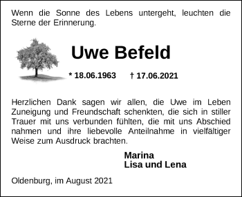 Traueranzeige von Uwe Befeld von Nordwest-Zeitung