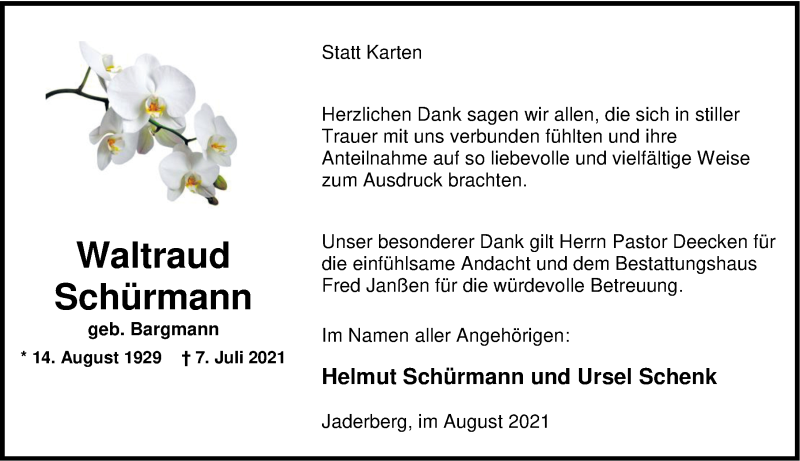  Traueranzeige für Waltraud Schürmann vom 13.08.2021 aus Nordwest-Zeitung