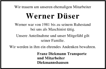 Traueranzeige von Werner Düser von Nordwest-Zeitung