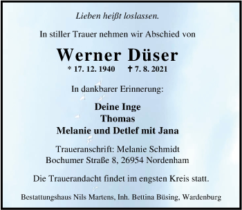Traueranzeige von Werner Düser von Nordwest-Zeitung