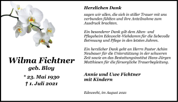 Traueranzeige von Wilma Fichtner von Nordwest-Zeitung