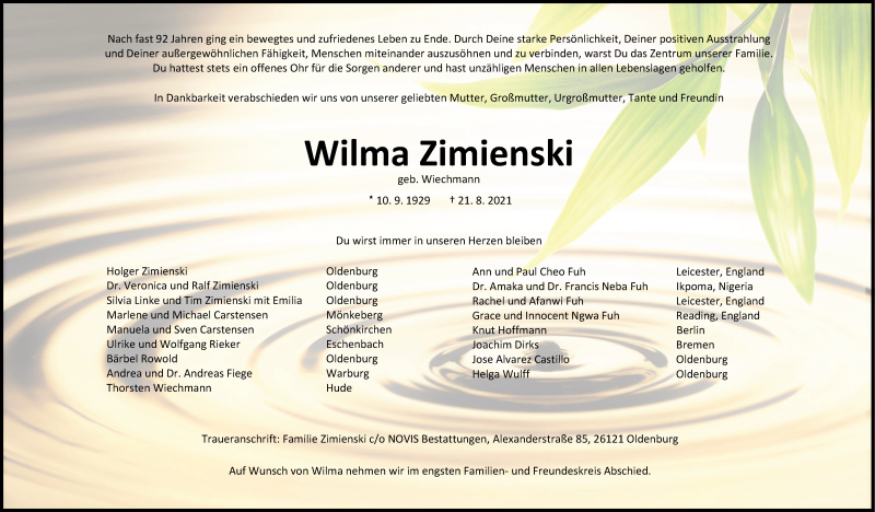  Traueranzeige für Wilma Zimienski vom 28.08.2021 aus Nordwest-Zeitung