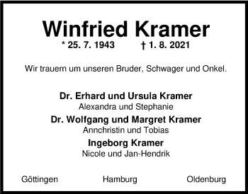 Traueranzeige von Winfried Kramer von Nordwest-Zeitung