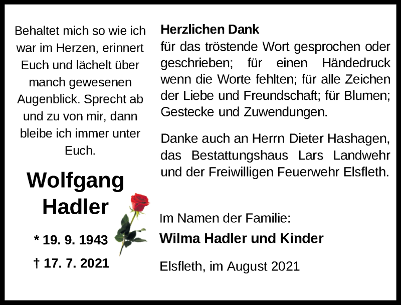  Traueranzeige für Wolfgang Hadler vom 21.08.2021 aus Nordwest-Zeitung