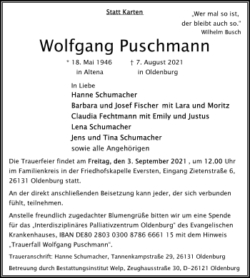Traueranzeige von Wolfgang Puschmann von Nordwest-Zeitung
