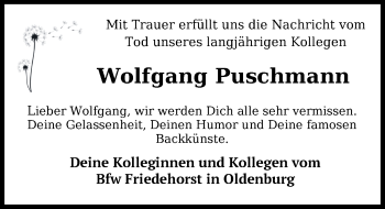 Traueranzeige von Wolfgang Puschmann von Nordwest-Zeitung