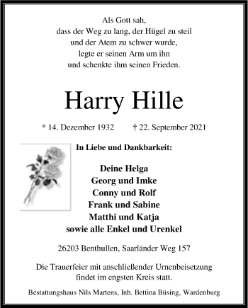 Traueranzeige von Harry Hille von Nordwest-Zeitung