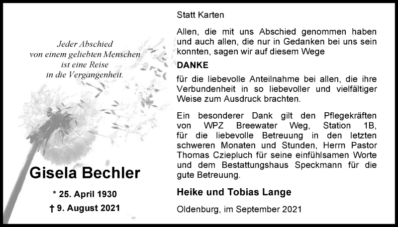  Traueranzeige für Gisela Bechler vom 04.09.2021 aus Nordwest-Zeitung