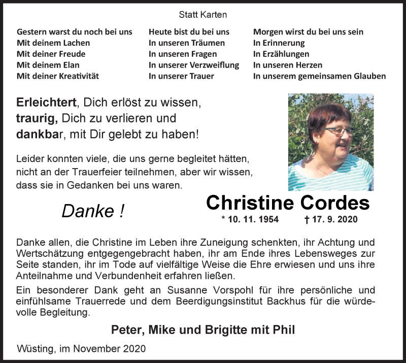  Traueranzeige für Christine Cordes vom 07.11.2020 aus 