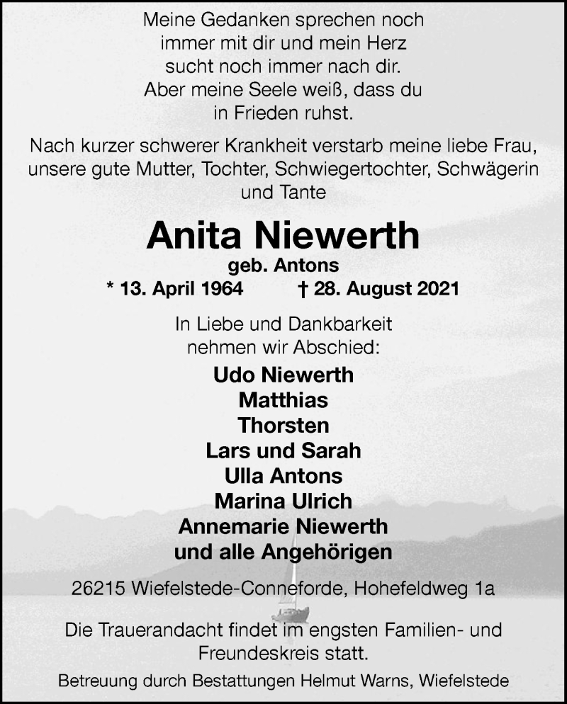  Traueranzeige für Anita Niewerth vom 02.09.2021 aus Nordwest-Zeitung