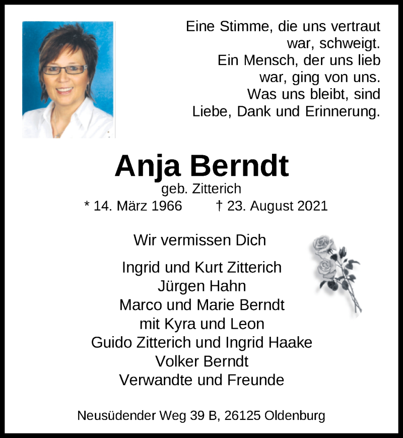  Traueranzeige für Anja Berndt vom 04.09.2021 aus Nordwest-Zeitung