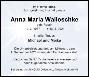 Traueranzeige von Anna Maria Walloschke von Nordwest-Zeitung