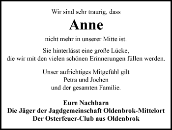 Traueranzeige von Anne Czwalinna von Nordwest-Zeitung