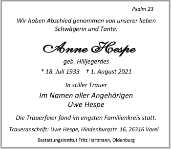 Traueranzeige von Anne Hespe von Nordwest-Zeitung