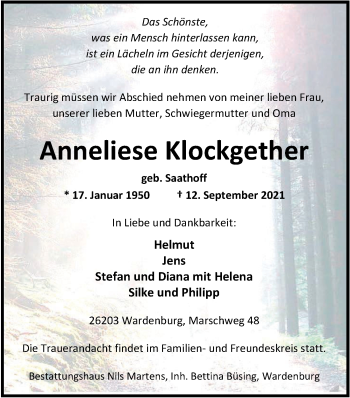 Traueranzeige von Anneliese Klockgether von Nordwest-Zeitung