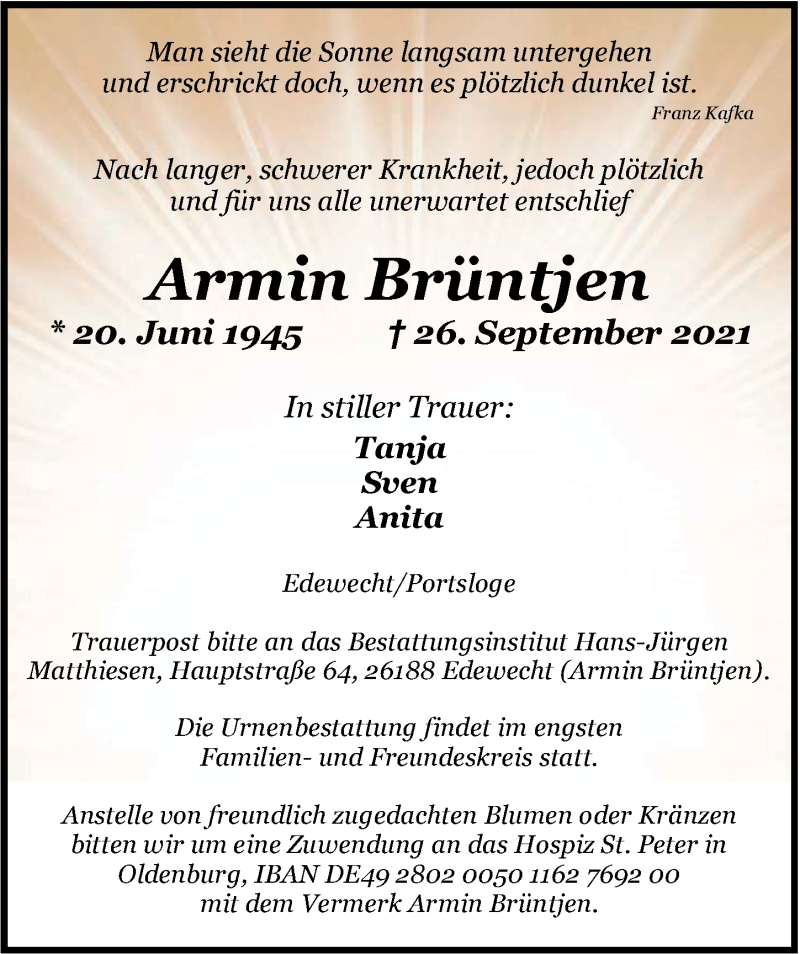  Traueranzeige für Armin Brüntjen vom 30.09.2021 aus Nordwest-Zeitung