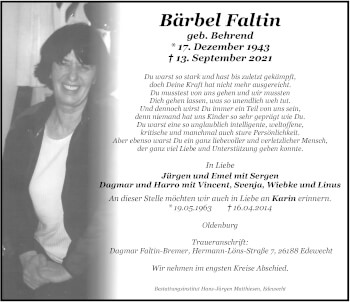 Traueranzeige von Bärbel Faltin von Nordwest-Zeitung