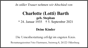Traueranzeige von Charlotte Barth von Nordwest-Zeitung