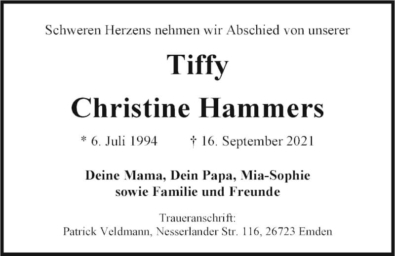  Traueranzeige für Christine  Hammers vom 25.09.2021 aus Emder Zeitung