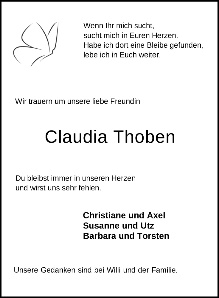  Traueranzeige für Claudia Thoben vom 15.09.2021 aus Nordwest-Zeitung