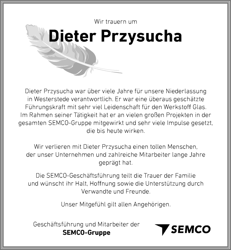  Traueranzeige für Dieter Przysucha vom 11.09.2021 aus Nordwest-Zeitung