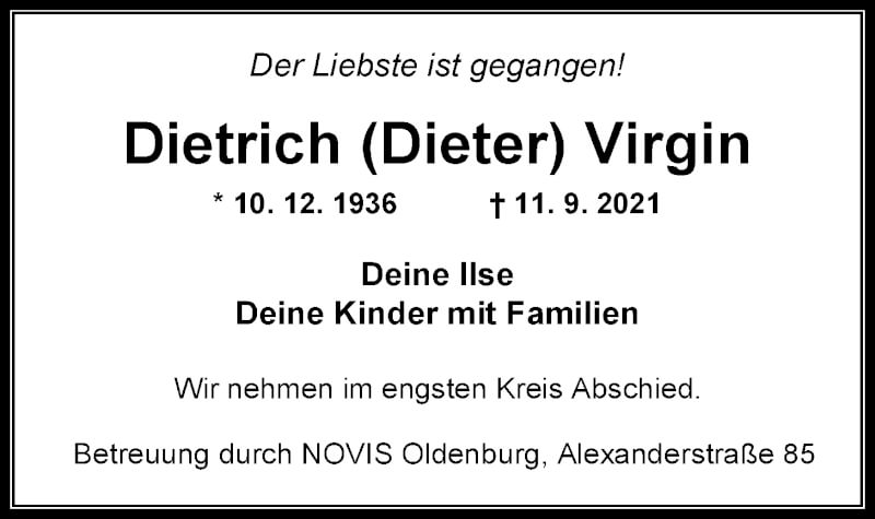  Traueranzeige für Dietrich Virgin vom 25.09.2021 aus Nordwest-Zeitung