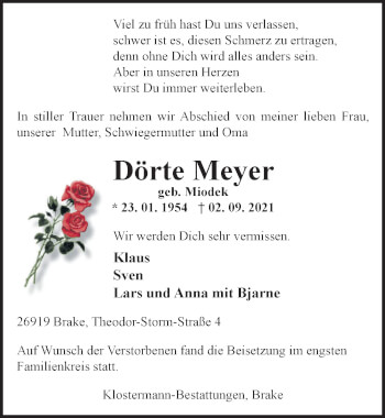 Traueranzeige von Dörte Meyer von Nordwest-Zeitung