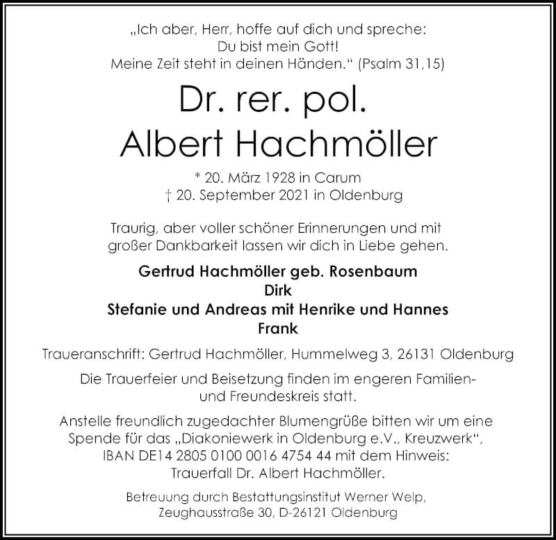  Traueranzeige für Dr. rer. pol. Albert Hachmöller vom 25.09.2021 aus Nordwest-Zeitung
