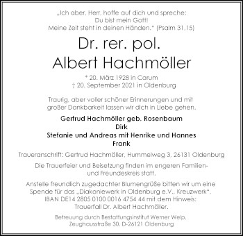 Traueranzeige von Dr. rer. pol. Albert Hachmöller von Nordwest-Zeitung