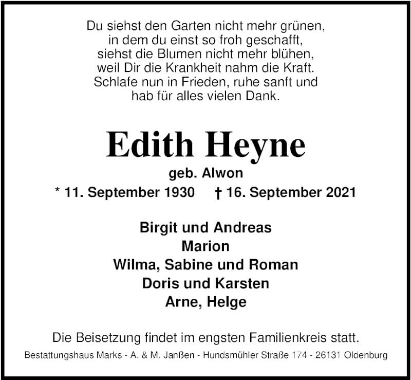  Traueranzeige für Edith Heyne vom 25.09.2021 aus Nordwest-Zeitung