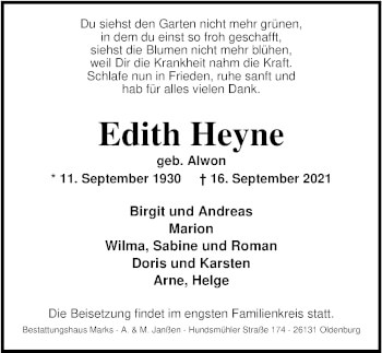 Traueranzeige von Edith Heyne von Nordwest-Zeitung