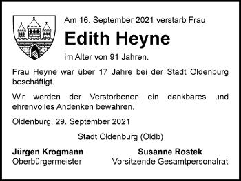Traueranzeige von Edith Heyne von Nordwest-Zeitung