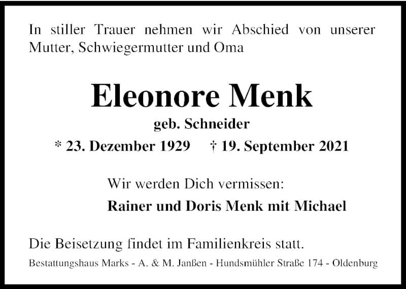  Traueranzeige für Eleonore Menk vom 25.09.2021 aus Nordwest-Zeitung