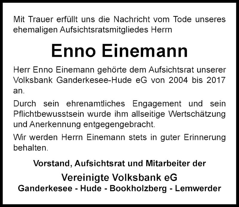  Traueranzeige für Enno Einemann vom 25.09.2021 aus Nordwest-Zeitung