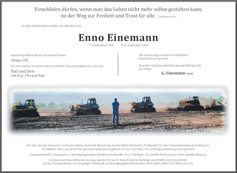  Traueranzeige für Enno Einemann vom 25.09.2021 aus Nordwest-Zeitung