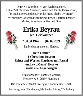 Traueranzeige von Erika Beyrau von Nordwest-Zeitung