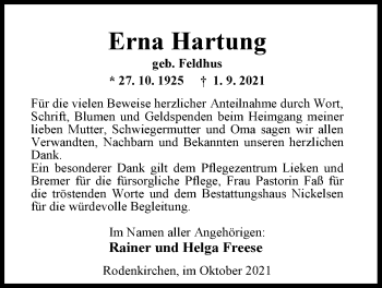 Traueranzeige von Erna Hartung von Nordwest-Zeitung