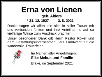 Traueranzeige von Erna von Lienen von Nordwest-Zeitung
