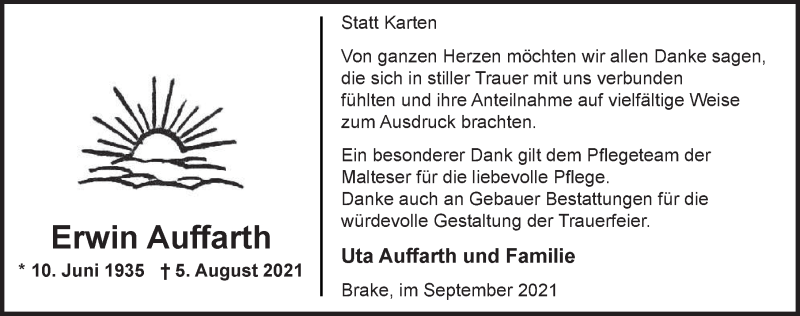  Traueranzeige für Erwin Auffarth vom 08.09.2021 aus Nordwest-Zeitung