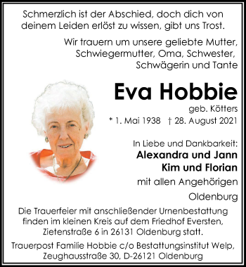 Traueranzeige von Eva Hobbie von Nordwest-Zeitung